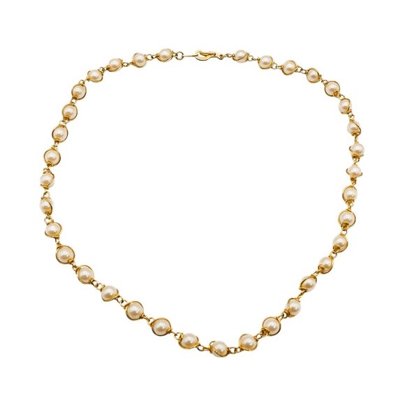 Elegant Yellow Gold Plated Faux White Pearl Beaded Link Necklace 16 Inches - Picture 1 of 4